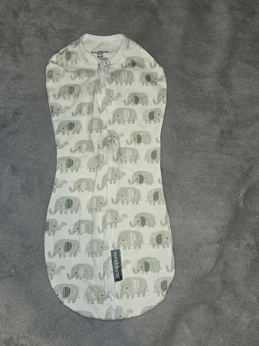 Swaddle Me White Sleepsack with Green and Gray Elephant Print SZ 0- 2M